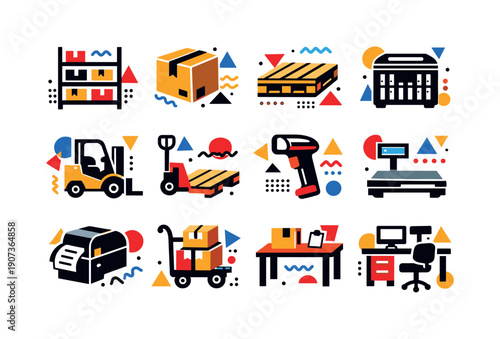 Marketplace logistics and fulfillment assets in abstract flat style: warehouse shelf, cardboard box, wooden pallet, storage crate, forklift, pallet jack
