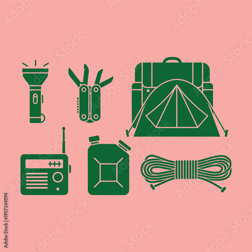 Green survival kit on pink background green pink background flashlight multi-tool backpack