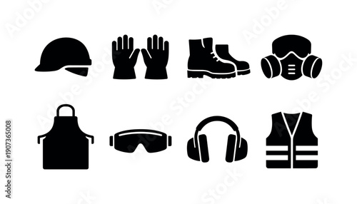 Safety Gear in silhouette style: helmet, gloves, boots, mask, apron, goggles, ear protection, vest