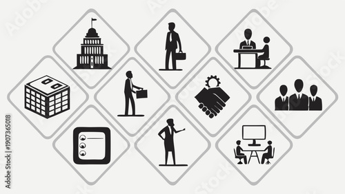Corporate Governance Icons Set Representing Finance Law Management HR Teamwork and Government Relations for Web Design