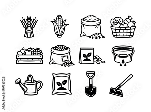 Agricultural and food resources in linear style: wheat sheaf, corn cob, rice sack, vegetable basket, fruit crate, grain bag, seed packet, irrigation bucket