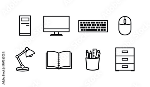 Office marketing workspace in linear style: desktop computer, monitor, keyboard, mouse, desk lamp, notebook, pen holder, filing cabinet