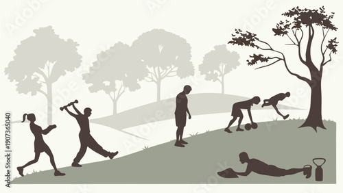 Outdoor Fitness Progression Silhouette Showing Weight Training and Bodyweight Exercise for Health and Wellness Campaigns
