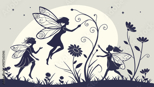 Enchanted Fairy Silhouettes Dancing Among Magical Flowers for Children's Book Illustration or Fantasy Web Design