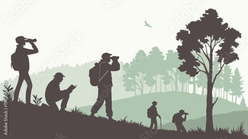 Birdwatching Hikers Observing Nature on Forest Hillside for Ecology Tourism and Outdoor Adventure Web Design