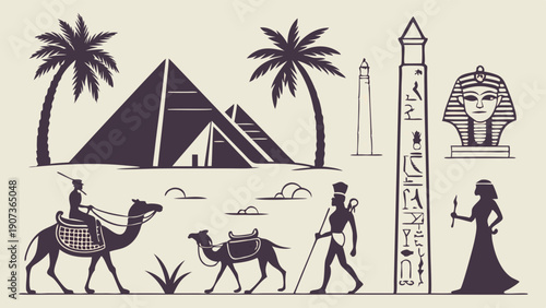 Ancient Egyptian Civilization Travel Icons Pharaoh Pyramid Camel Caravan Design Element for History Education Tourism Promotion