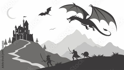 Epic Fantasy Adventure Heroes Climb Hill Towards Castle Facing Giant Dragon Silhouette for Game Design Book Cover Illustration