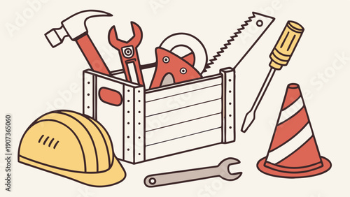 Construction Tools and Safety Gear Overflowing Toolbox for Home Repair Renovation Project Illustration