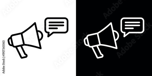 Megaphone icon in line design with speech bubble for marketing and announcement. Editable stroke. Vector illustration
