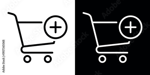 Add To Cart icon concept in flat black and white style on clean background vector illustration design