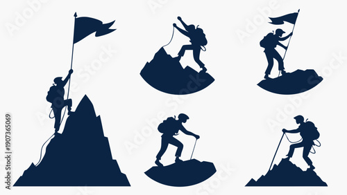 Mountain Climber Silhouettes Achieving Summit Success Victory Flag Hiking Adventure for Sports Web Design and Motivation Graphics