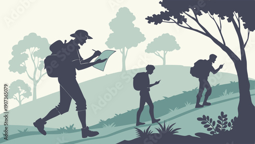 Hikers Navigating Uphill Trail with Map and GPS for Adventure Tourism and Outdoor Recreation Planning