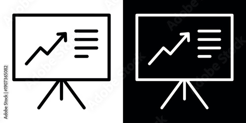 Presentation board icon with rising growth arrow and report data. Editable stroke. Vector illustration