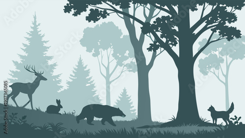 Misty Forest Wildlife Silhouette Background for Nature Website Design Ecology Brochure or Environmental Advertising Campaign