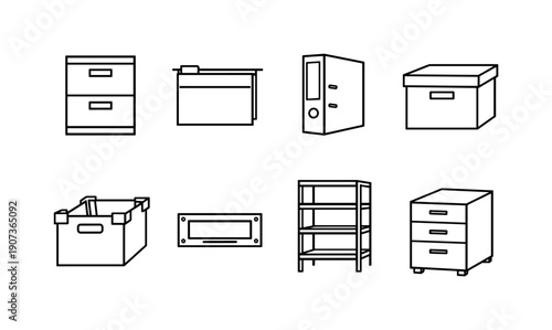 Professional office filing equipment: filing cabinet, suspension folder, ring binder, document box, archive crate, label holder, shelving unit, drawer pedestal