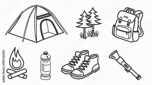Camping Adventure Gear Outline Icons Set Hiking Travel Vacation Essentials for Outdoor Exploration and Wilderness Activity