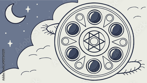 Mystical Celestial Wheel with Moon Phases and Star Geometry for Esoteric Astrology Tarot Design Projects