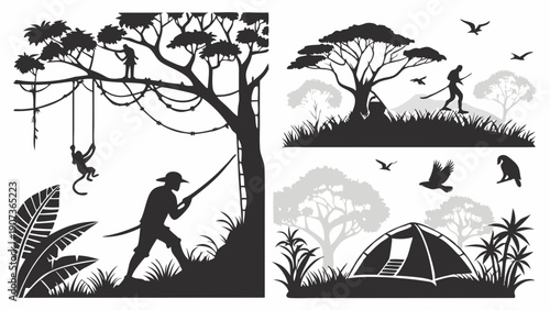Jungle Adventure Silhouette Set Explorer Camping Safari Man Monkey Trees for Travel Web Design and Outdoor Adventure Illustration