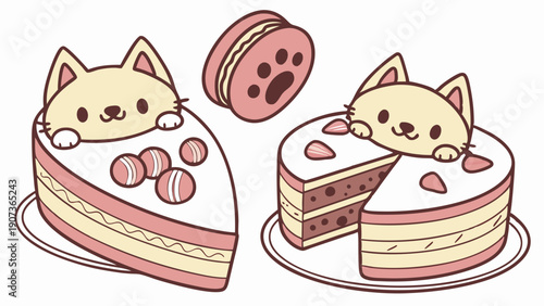 Cute Kawaii Cat Cakes Slices and Macaron for Bakery Cafe Menu Design Sweet Dessert Illustration