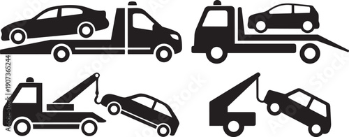Towing Vehicles: A collection of various towing vehicles depicted in silhouette, designed for roadside assistance, vehicle recovery and car transport.