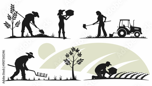 Silhouette Farmers Working Hard Planting Soil Harvesting Crops with Tractor for Agriculture Website Design Rural Lifestyle Illustration