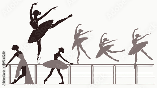 Ballet Dancers Practicing at Barre Silhouettes for Dance Studio Promotion Elegant Fitness Training Visual