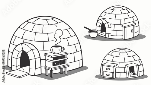 Black and White Igloo Dwellings Illustrations for Arctic Education Winter Shelter Design and Cold Climate Storytelling