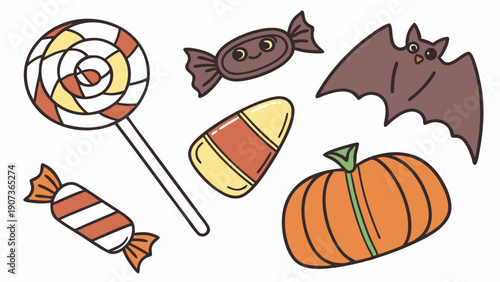 Halloween Candy Assortment Pumpkin Bat Lollipop Trick or Treat Holiday Graphic Design Element