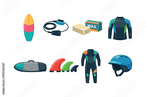 Surfing equipment modern colourful flat vector style: surfboard, leash cord, wax block, rash guard, board bag, fin set, wetsuit, surf helmet
