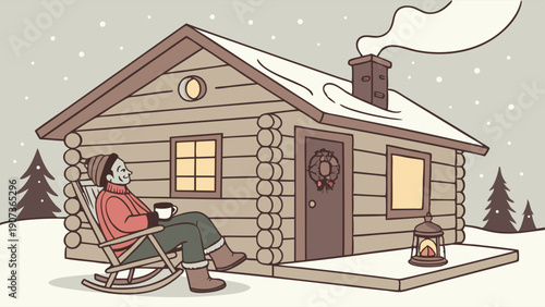 Cozy Winter Cabin Scene Person Relaxing on Porch with Hot Drink for Holiday Travel Website or Seasonal Lifestyle Blog Design