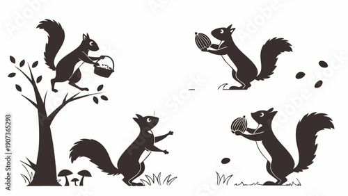 Squirrels Gathering Acorns and Nuts in Forest Tree for Autumn Savings Illustration for Children's Books and Seasonal Websites