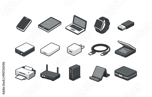 Travel documentation digital access devices in simple isometric flat vector style: smartphone, tablet, laptop, smartwatch, USB flash drive, external hard drive