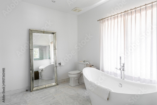 Canvas Print Bright modern bathroom interior with freestanding bathtub, marble floor, large m