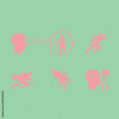 Superpowers pink silhouettes on green background telekinesis