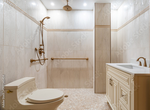 Fotografie Walk in shower bathroom interior with grab bars, tiled walls, vanity sink and ac