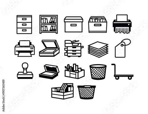 Nonprofit and charity administration and records equipment in linear style: filing cabinet, bookshelf, archive box, file box, document shredder, printer