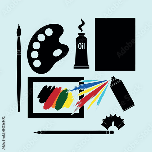 Supplies silhouettes on light blue background with paintbrushes, palette, oil, canvas, spray paint, and colored smudges