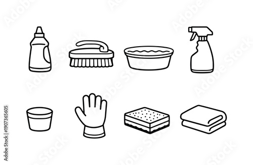 Home laundry stain removal tools: stain remover bottle, scrub brush, soaking tub, spray bottle, measuring cap, laundry glove, sponge pad, towel cloth