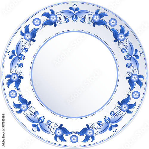 Classic white plate with blue decorative floral ornament
