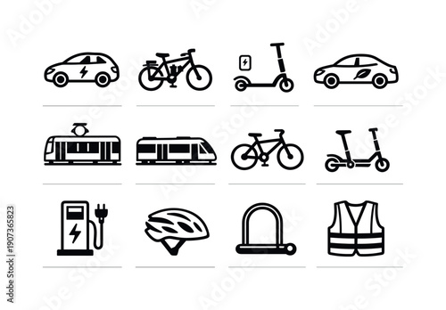 Eco-friendly transport vehicles in linear style: electric car, electric bicycle, electric scooter, hybrid car, tram car, light rail vehicle, bicycle, folding