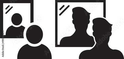 Reflections in Mirror: A minimalistic monochrome representation of an individual contemplating their likeness in a pair of mirrors, exploring themes of self-perception and introspection.