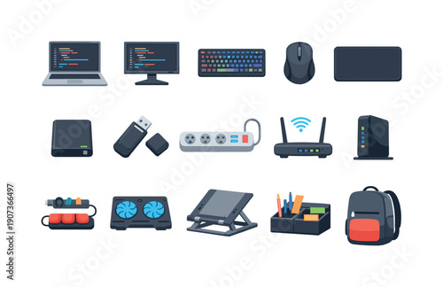 Development hardware and accessories flat style: laptop, external monitor, mechanical keyboard, mouse, mouse pad, external hard drive, USB flash drive, power
