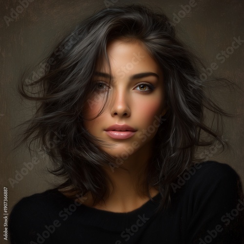 High fashion realistic portrait of elegant woman with selective color style