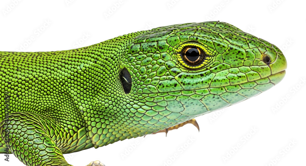 Fototapeta premium Detailed portrait of a green lizard's head, isolated on transparent background