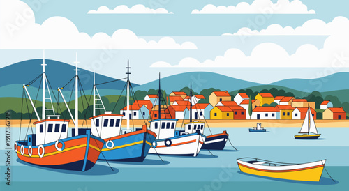 Charming Coastal Village Scene Vector Illustration of Colorful Fishing Boats at Harbor with Houses and Hills in the Background