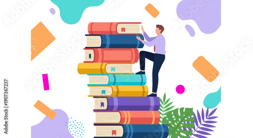 A Man Climbing a Stack of Books, a Detailed Vector Illustration Representing Education and Learning