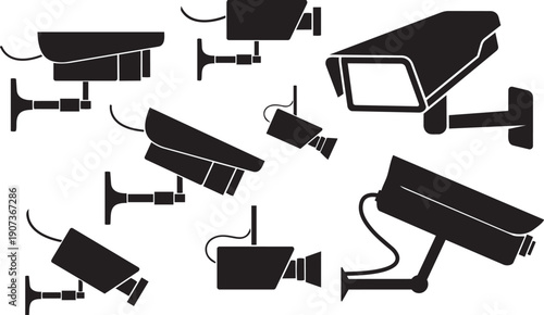 Surveillance Cameras Silhouette: A collection of various security cameras depicted in a minimalist black silhouette, emphasizing protection and vigilance.