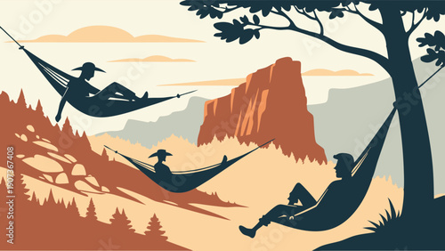 Silhouettes of People Relaxing in Hammocks Outdoors Enjoying Scenic Mountain Landscape Vacation Travel