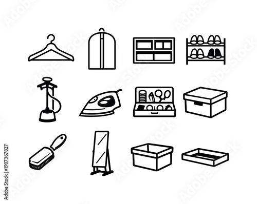 Wardrobe Care Icons. Wardrobe organization and care items in linear style: wooden hanger, garment bag, drawer organizer, shoe rack, clothes steamer, steam iron
