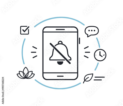 Mindful notification management and digital calm in a modern professional routine where interruptions are reduced, a smartphone with a muted bell icon and a